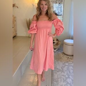 Sotela Collection Pink Smocked Midi Dress Puff Sleeve Cotton Elastane Size S